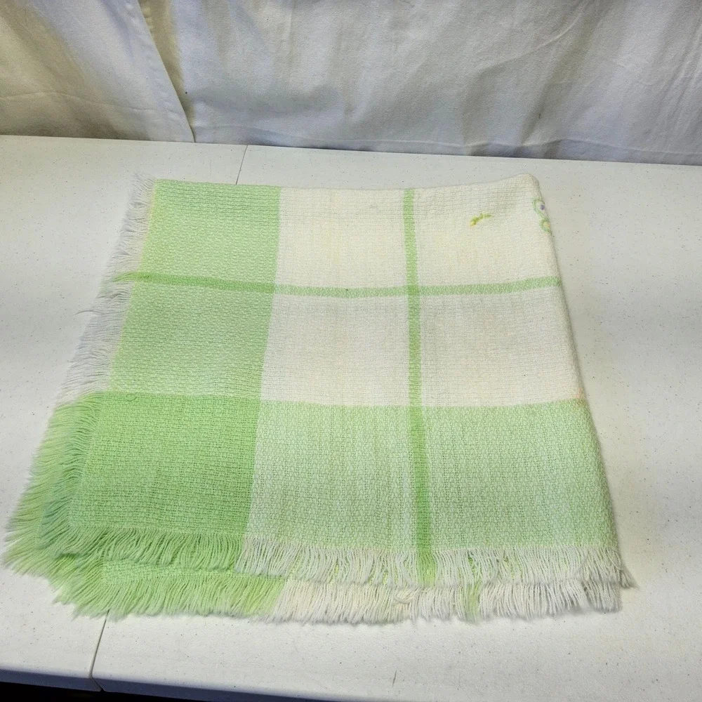 The Three Weavers Handwoven Baby Blanket Kids Green White Butterfly Plaid Fringe